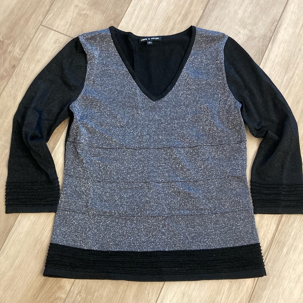 Shimmering Silver and Black V-Neck Top